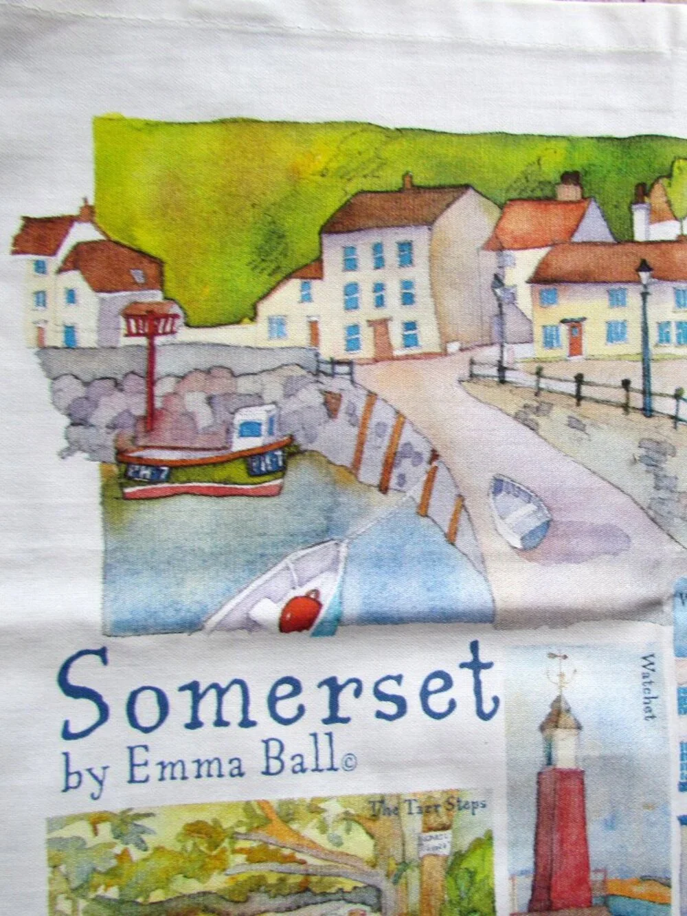 ENGLISH TEA TOWEL, SOMERSET SCENES in WATERCOLOR: BATH, DUNSTER CASTLE, WELLS ++